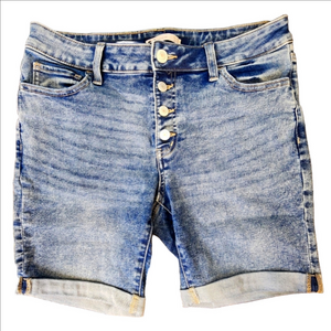 SO Blue Jean Button-Up Shorts with Rolled Cuffs and Stretch Denim